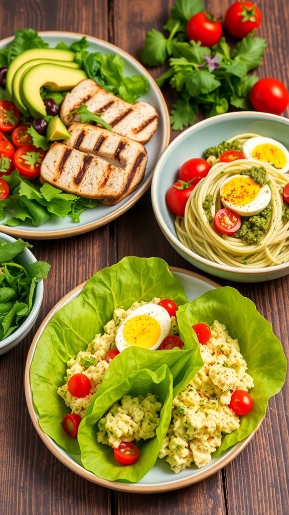 Delicious Low Carb Lunch Ideas A variety of low carb lunch options including grilled chicken salad, zucchini noodles with pesto, and egg salad lettuce wraps on a wooden table.